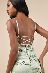 Riveting Shine Light Sage Green Lace Sequin Lace-Up Mini Dress