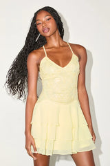 Eryss Light Yellow Embroidered Lace-Up Tiered Mini Dress