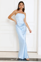 Dressed To Dazzle Strapless Satin Maxi Dress Blue